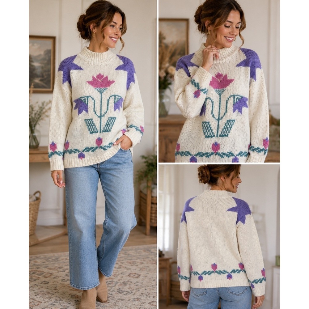 Woolrich Sweater Womens L White NWT Handknit Wool‎ Floral Tulip Vintage 9460